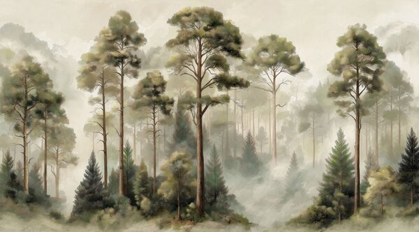 Carta da parati Gruppo di alberi in una foresta avvolta dalla nebbia, Carta da parati Natura, Carta da parati popolare, w05197 - Tapeko.it