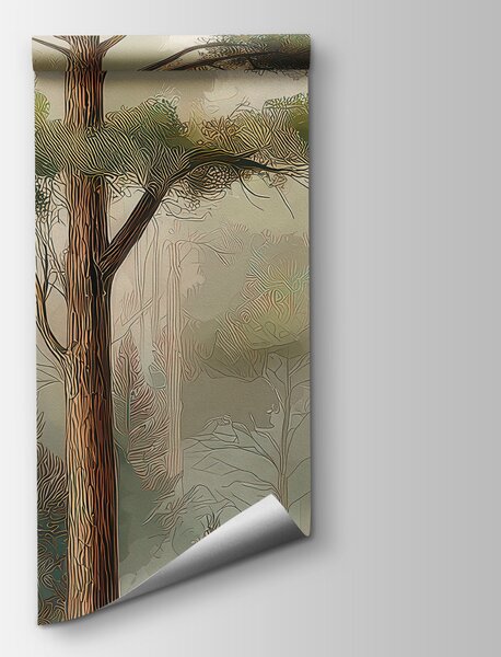 Carta da parati Gruppo di alberi in una foresta avvolta dalla nebbia, Carta da parati Natura, Carta da parati popolare, w05197 - Tapeko.it