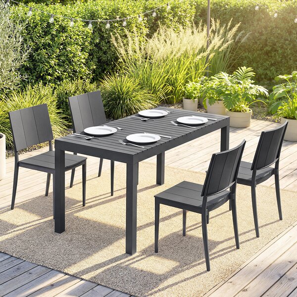 Outsunny Set Mobili da Giardino 5 pezzi, Tavolo Lungo con 4 Sedie Impilabili, Design a Lamelle, per 4 Persone, Grigio Scuro | Aosom Italy
