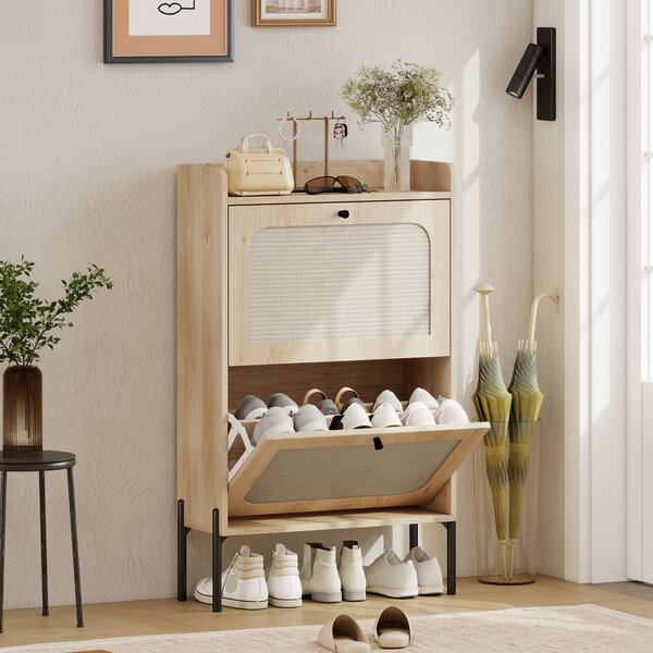 HOMCOM Scarpiera per 12 Paia, Mobile Portascarpe con 2 Cassetti Ribaltabili, Ante in Rattan e Ripiani Regolabili, 60x23,7x99,5 cm, Rovere | Aosom Italy