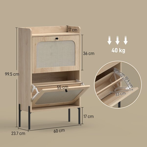 HOMCOM Scarpiera per 12 Paia, Mobile Portascarpe con 2 Cassetti Ribaltabili, Ante in Rattan e Ripiani Regolabili, 60x23,7x99,5 cm, Rovere | Aosom Italy