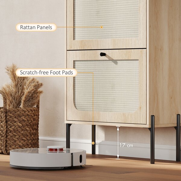 HOMCOM Scarpiera per 12 Paia, Mobile Portascarpe con 2 Cassetti Ribaltabili, Ante in Rattan e Ripiani Regolabili, 60x23,7x99,5 cm, Rovere | Aosom Italy