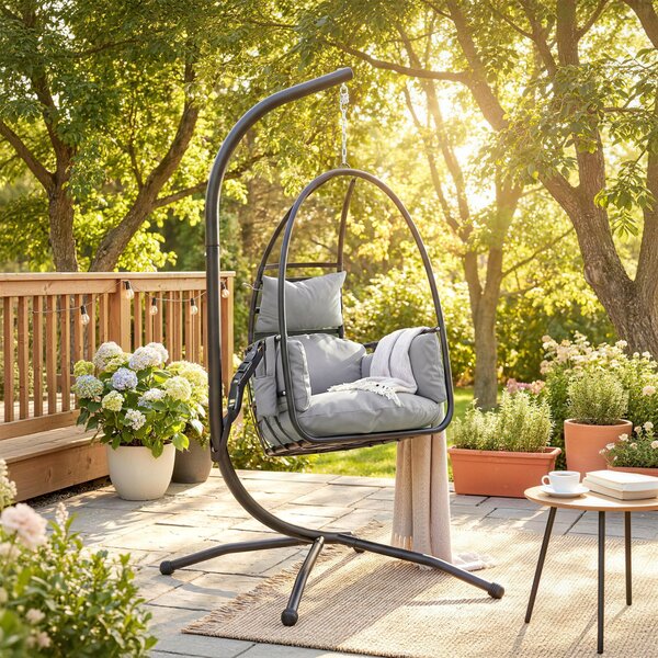 Outsunny Sedia Sospesa a Uovo con Supporto, Cestino Pieghevole, Poggiatesta, Cuscino e Tasca Laterale, Portata 120 kg, Grigio Scuro | Aosom Italy