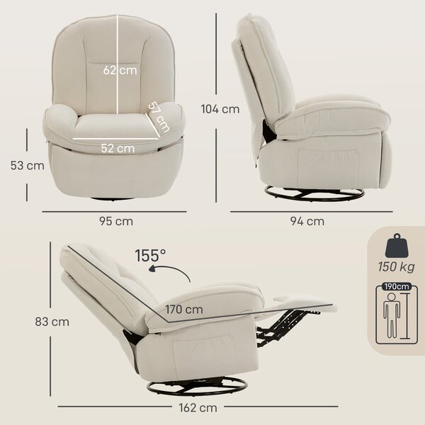 HOMCOM Poltrona Relax Reclinabile, a Dondolo Girevole, con Seduta Profonda e Schienale Spesso, Bianco Crema | Aosom Italy