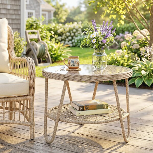 Outsunny Tavolino in Rattan PE a 2 Piani, Tavolino da Caffè con Ripiano Vetro e Piedini Regolabili, 65x65x50 cm, Giallo | Aosom Italy
