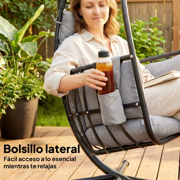Outsunny Sedia Sospesa a Uovo con Supporto, Cestino Pieghevole, Poggiatesta, Cuscino e Tasca Laterale, Portata 120 kg, Grigio Scuro | Aosom Italy