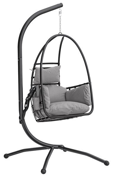 Outsunny Sedia Sospesa a Uovo con Supporto, Cestino Pieghevole, Poggiatesta, Cuscino e Tasca Laterale, Portata 120 kg, Grigio Scuro | Aosom Italy