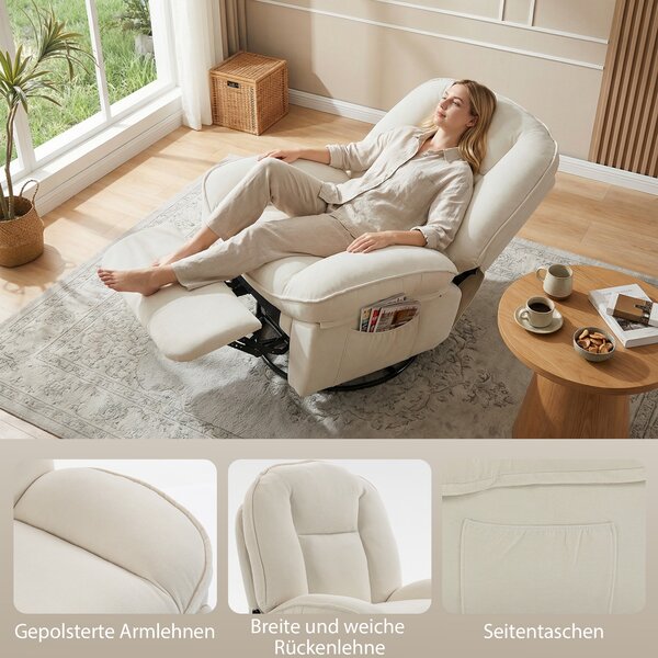 HOMCOM Poltrona Relax Reclinabile, a Dondolo Girevole, con Seduta Profonda e Schienale Spesso, Bianco Crema | Aosom Italy