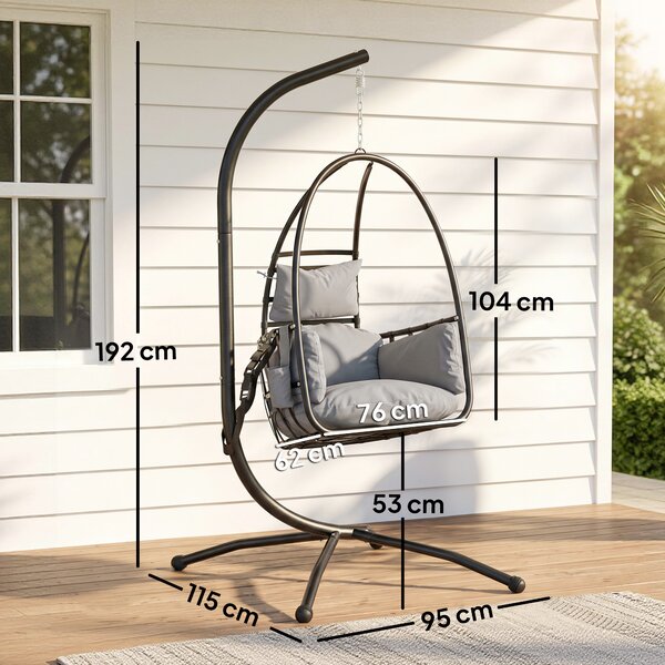 Outsunny Sedia Sospesa a Uovo con Supporto, Cestino Pieghevole, Poggiatesta, Cuscino e Tasca Laterale, Portata 120 kg, Grigio Scuro | Aosom Italy