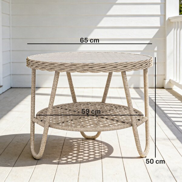 Outsunny Tavolino in Rattan PE a 2 Piani, Tavolino da Caffè con Ripiano Vetro e Piedini Regolabili, 65x65x50 cm, Giallo | Aosom Italy