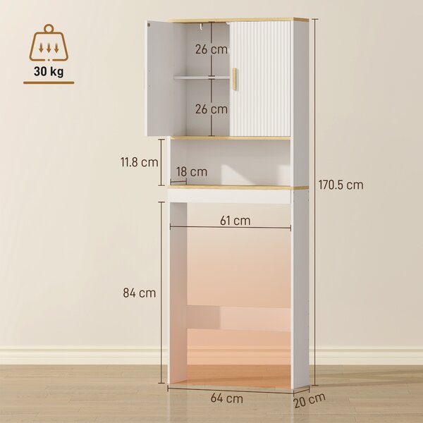HOMCOM Scaffale da Bagno sopra il WC a 3 Livelli con Ripiano Aperto, 2 Ante e Ripiano Regolabile, 64x20x170,5 cm, Bianco | Aosom Italy