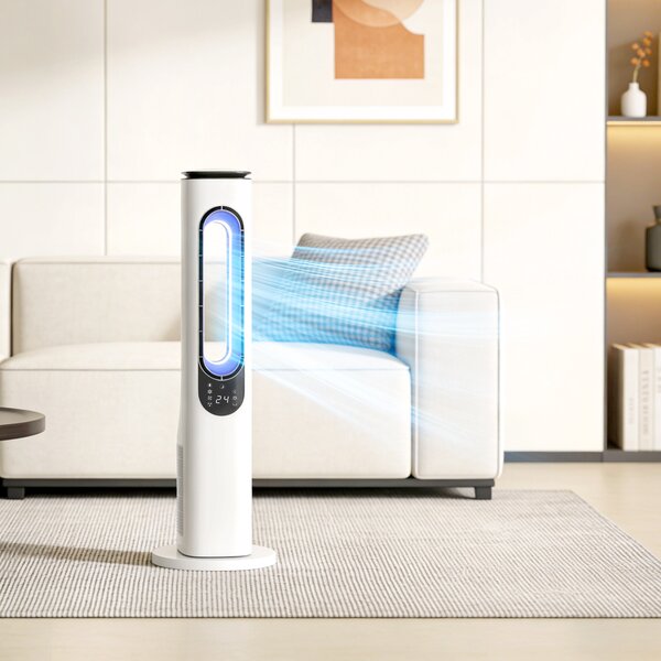 HOMCOM Ventilatore a Torre senza Pale con Luci LED, Telecomando, 3 Melocità, 3 Modalità e Timer 15h, Oscillazione 50°, Bianco | Aosom Italy