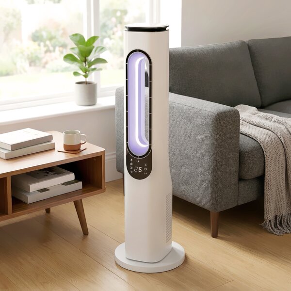 HOMCOM Ventilatore a Torre senza Pale con Luci LED, Telecomando, 3 Melocità, 3 Modalità e Timer 15h, Oscillazione 50°, Bianco | Aosom Italy