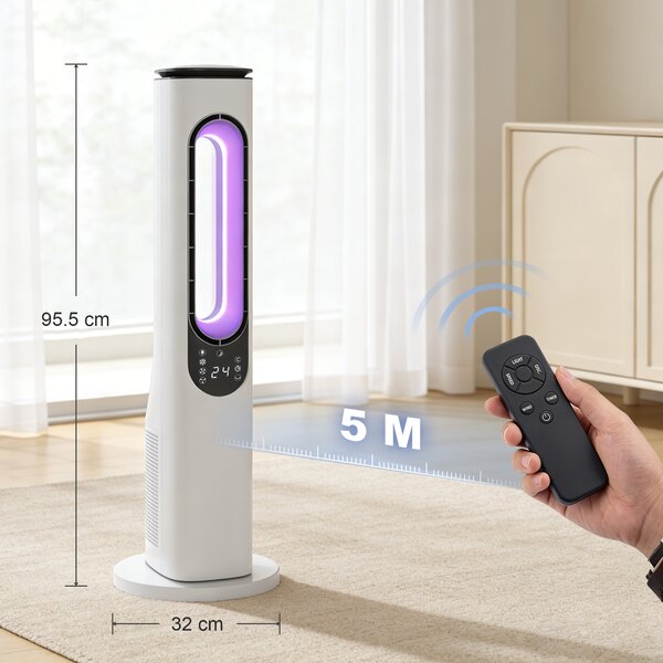 HOMCOM Ventilatore a Torre senza Pale con Luci LED, Telecomando, 3 Melocità, 3 Modalità e Timer 15h, Oscillazione 50°, Bianco | Aosom Italy