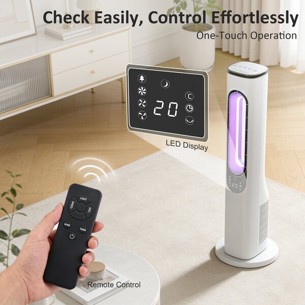 HOMCOM Ventilatore a Torre senza Pale con Luci LED, Telecomando, 3 Melocità, 3 Modalità e Timer 15h, Oscillazione 50°, Bianco | Aosom Italy