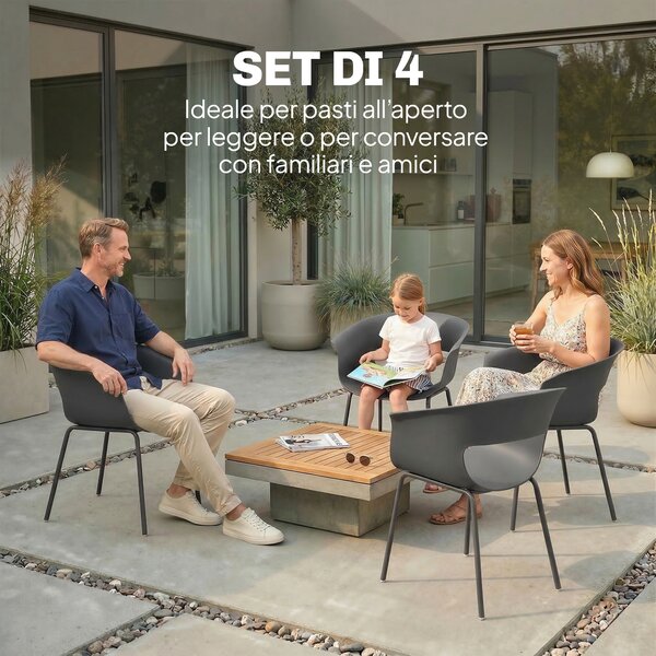 Outsunny Set 4 Sedie da Esterno Moderne con Schienale Traforato, in Metallo e Poliestere, 61x51x74 cm, Grigio Scuro | Aosom Italy