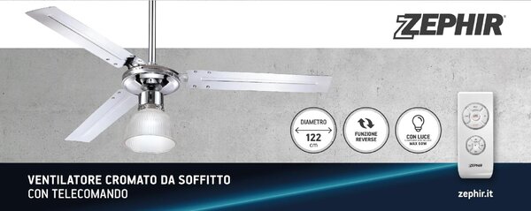 Zephir Ventilatore da Soffitto con Luce e Telecomando 3 Pale 120 cm Lampadario 3 Velocit - ZFR3121X