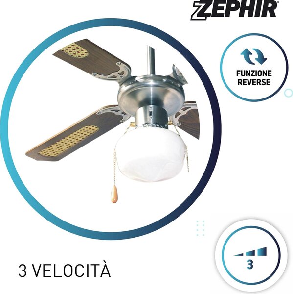 Zephir Ventilatore da Soffitto con Luce 4 Pale 107 cm Lampadario 3 Velocit colore Marrone - ZFS9107M