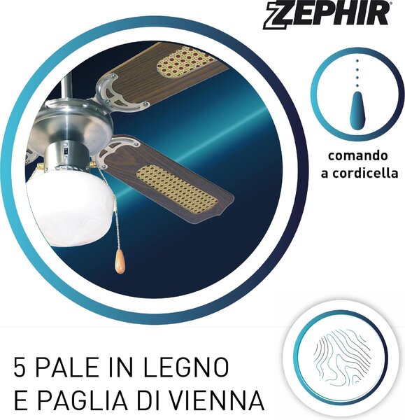 Zephir Ventilatore da Soffitto con Luce 4 Pale 107 cm Lampadario 3 Velocit colore Marrone - ZFS9107M