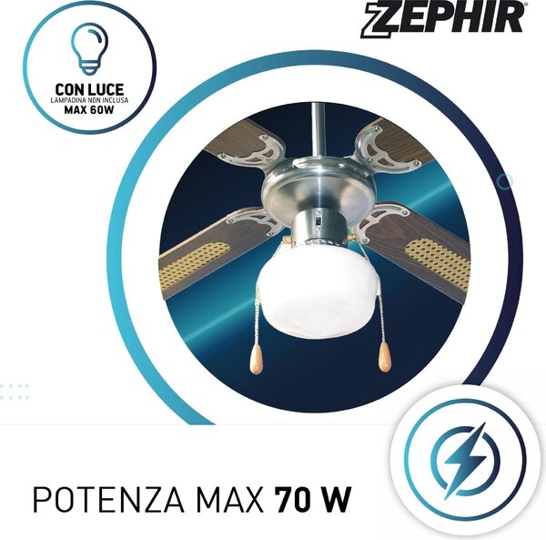 Zephir Ventilatore da Soffitto con Luce 4 Pale 107 cm Lampadario 3 Velocit colore Marrone - ZFS9107M