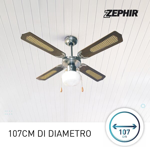 Zephir Ventilatore da Soffitto con Luce 4 Pale 107 cm Lampadario 3 Velocit colore Marrone - ZFS9107M