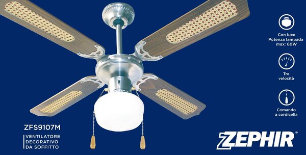 Zephir Ventilatore da Soffitto con Luce 4 Pale 107 cm Lampadario 3 Velocit colore Marrone - ZFS9107M