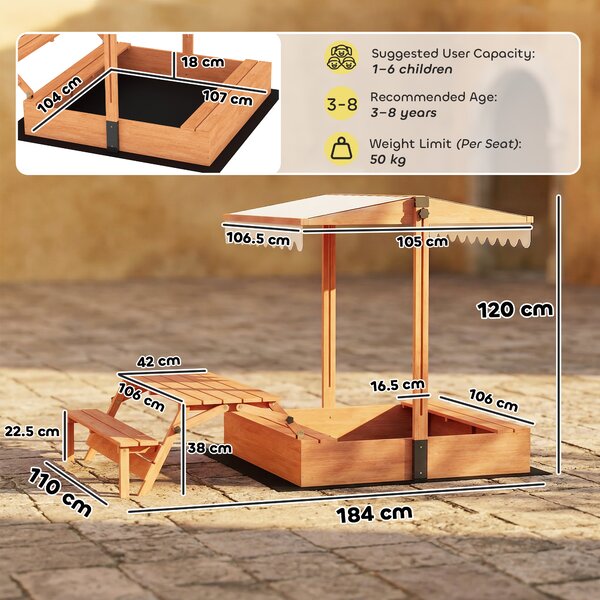 AIYAPLAY Sabbiera per Bambini 3 a 8 Anni in Legno con Tendalino Regolabile, Tavolo da Picnic e Panchine, 184x110x120 cm, Marrone | Aosom Italy