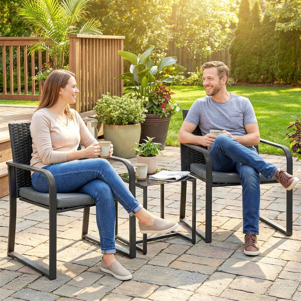 Outsunny Set di Mobili da Giardino in Rattan Sintetico con 2 Sedie, Cuscini e Tavolino con Piano in Vetro, Grigio | Aosom Italy