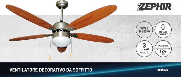 Zephir Ventilatore da Soffitto con Luce Lampadario Ventilatore 5 Pale Diametro 124 cm 3 Velocit - ZFS9110M