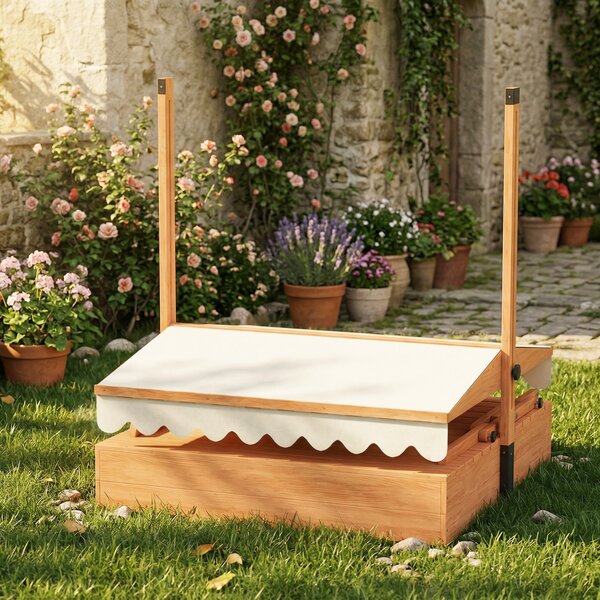 AIYAPLAY Sabbiera per Bambini 3 a 8 Anni in Legno con Tendalino Regolabile, Tavolo da Picnic e Panchine, 184x110x120 cm, Marrone | Aosom Italy