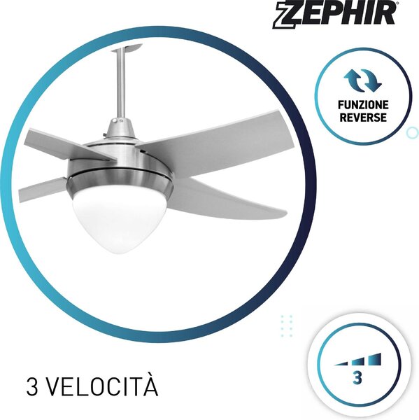 Zephir Ventilatore da Soffitto con Telecomando con Luce Lampadario Ventilatore 4 Pale Diametro 122 cm colore Argento - ZFR4121S