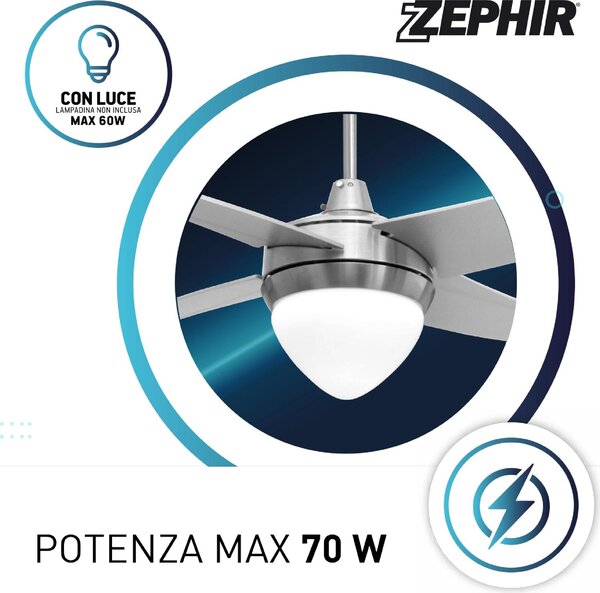 Zephir Ventilatore da Soffitto con Telecomando con Luce Lampadario Ventilatore 4 Pale Diametro 122 cm colore Argento - ZFR4121S