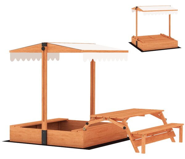 AIYAPLAY Sabbiera per Bambini 3 a 8 Anni in Legno con Tendalino Regolabile, Tavolo da Picnic e Panchine, 184x110x120 cm, Marrone | Aosom Italy