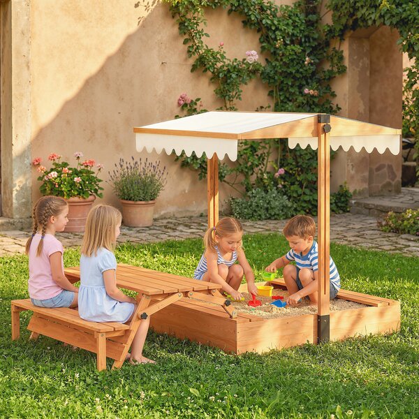 AIYAPLAY Sabbiera per Bambini 3 a 8 Anni in Legno con Tendalino Regolabile, Tavolo da Picnic e Panchine, 184x110x120 cm, Marrone | Aosom Italy