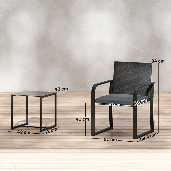 Outsunny Set di Mobili da Giardino in Rattan Sintetico con 2 Sedie, Cuscini e Tavolino con Piano in Vetro, Grigio | Aosom Italy