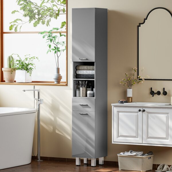 Kleankin Armadietto da Bagno, Comò da Bagno con Ripiani Regolabili e Cassetto, 30x30x180 cm, Grigio | Aosom Italy