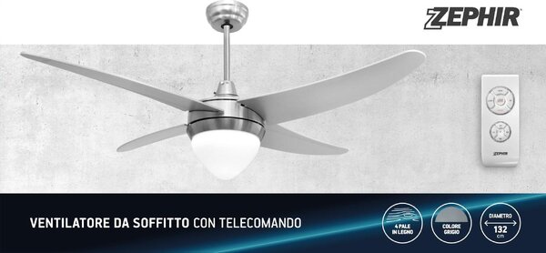 Zephir Ventilatore da Soffitto con Telecomando con Luce Lampadario Ventilatore 4 Pale Diametro 122 cm colore Argento - ZFR4121S