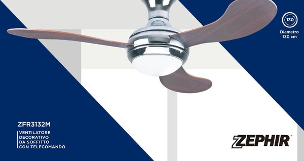 Zephir Ventilatore da Soffitto con Luce e Telecomando 3 Pale 132 cm colore Legno - ZFR3132M