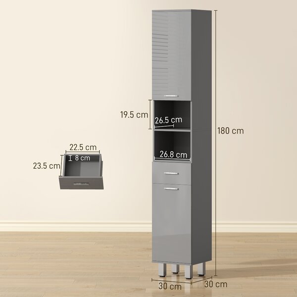 Kleankin Armadietto da Bagno, Comò da Bagno con Ripiani Regolabili e Cassetto, 30x30x180 cm, Grigio | Aosom Italy