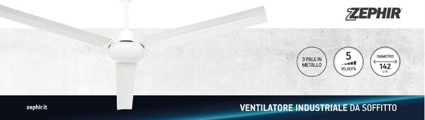 WESTIM Ventilatore da Soffitto Industriale in Acciaio 3 Pale 142 cm con 5 Velocit colore Bianco - ZFS8124