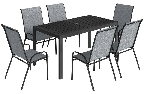 Outsunny Set Tavolo e Sedie da Giardino con Tavolo Metallico con Foro e 6 Sedie Impilabili Traspiranti, per Terrazza, Grigio | Aosom Italy