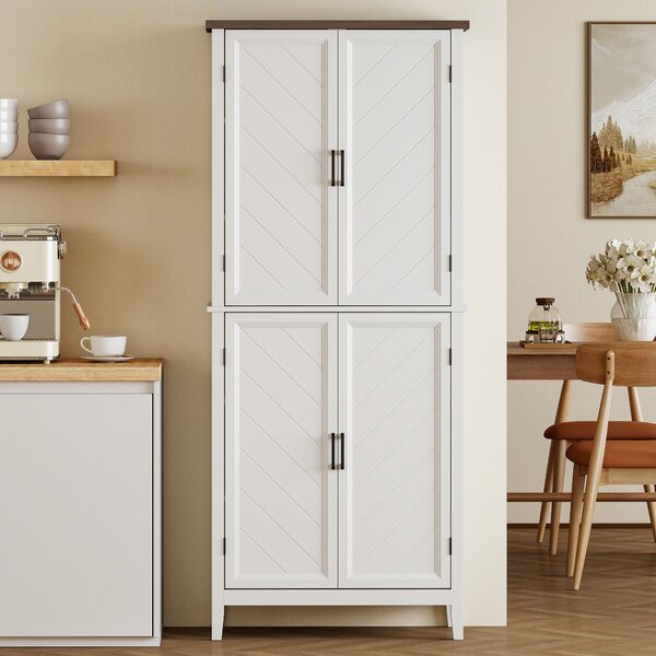 HOMCOM Credenza Alta Cucina 6 Livelli, Armadio da Cucina con 4 Ante a Spina di Pesce e 4 Ripiani Regolabili, 76x40x178,5 cm, Bianco | Aosom Italy