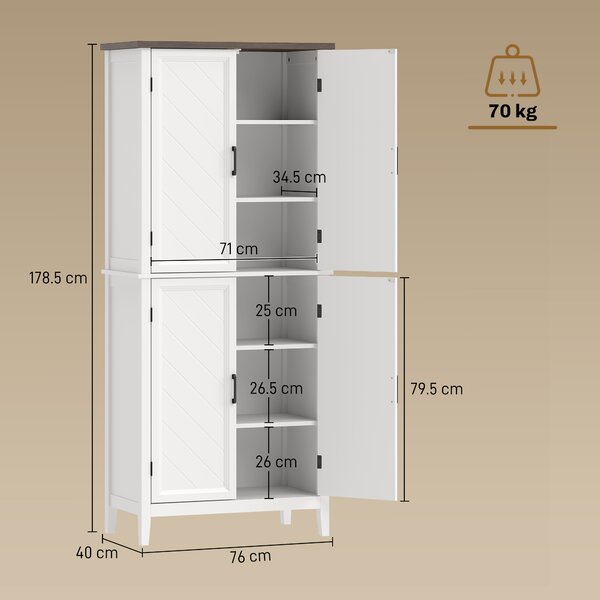 HOMCOM Credenza Alta Cucina 6 Livelli, Armadio da Cucina con 4 Ante a Spina di Pesce e 4 Ripiani Regolabili, 76x40x178,5 cm, Bianco | Aosom Italy