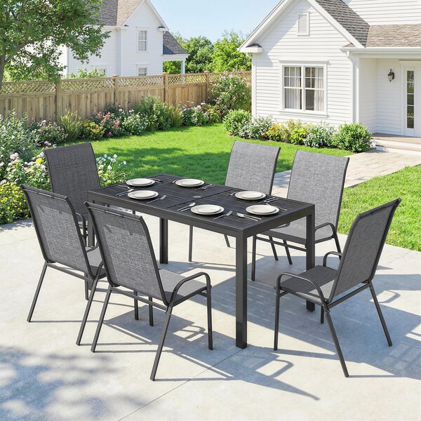Outsunny Set Tavolo e Sedie da Giardino con Tavolo Metallico con Foro e 6 Sedie Impilabili Traspiranti, per Terrazza, Grigio | Aosom Italy