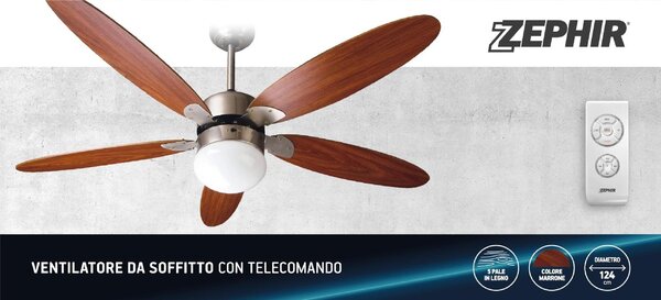 Zephir Ventilatore da Soffitto con Telecomando con Luce Lampadario Ventilatore 5 Pale Diametro 130 cm 3 Velocit - ZFR9111M