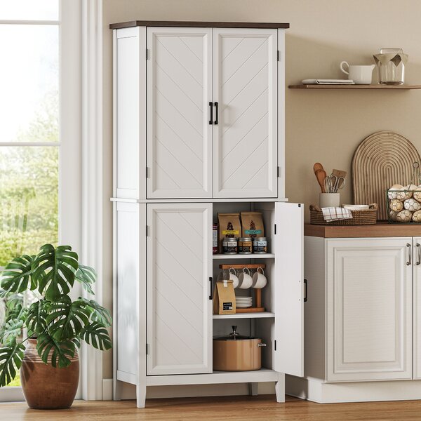 HOMCOM Credenza Alta Cucina 6 Livelli, Armadio da Cucina con 4 Ante a Spina di Pesce e 4 Ripiani Regolabili, 76x40x178,5 cm, Bianco | Aosom Italy