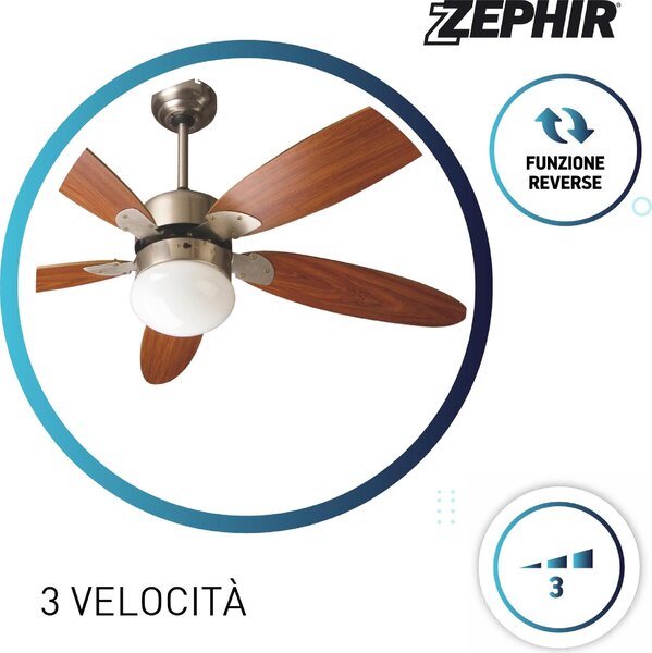 Zephir Ventilatore da Soffitto con Telecomando con Luce Lampadario Ventilatore 5 Pale Diametro 130 cm 3 Velocit - ZFR9111M