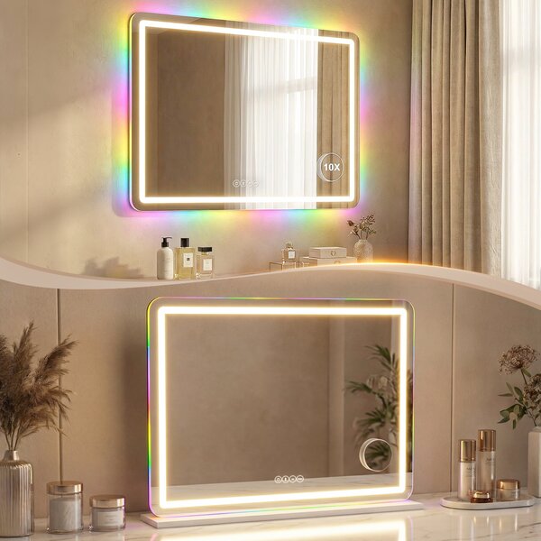 HOMCOM Specchio da Trucco Luminoso 80x60cm, Specchio Toeletta con LED Dimmerabile, Luce RGB, 3 Temperature Colore, Bianco | Aosom Italy