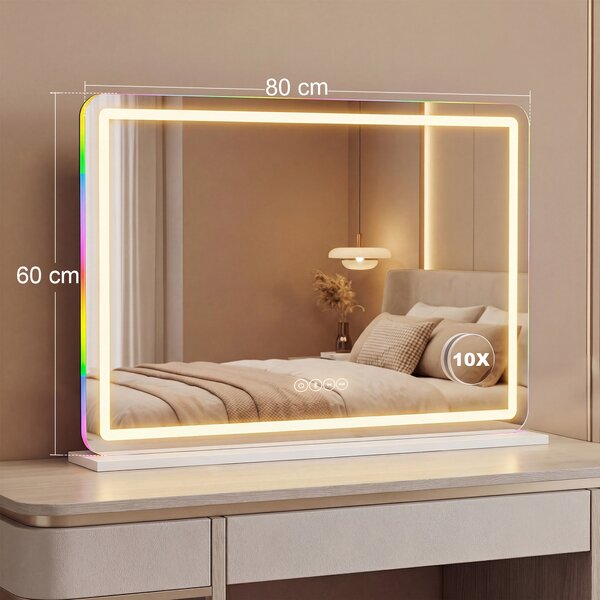 HOMCOM Specchio da Trucco Luminoso 80x60cm, Specchio Toeletta con LED Dimmerabile, Luce RGB, 3 Temperature Colore, Bianco | Aosom Italy