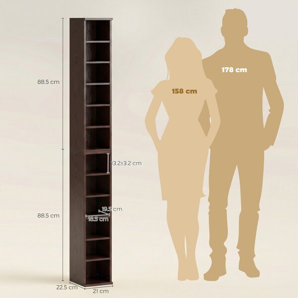 HOMCOM Set di 2 Scaffali a Colonna, Mobile Porta CD-DVD con 12 Scomparti, Capacità di 204 CD, 21x22,5x88,5 cm, Marrone | Aosom Italy
